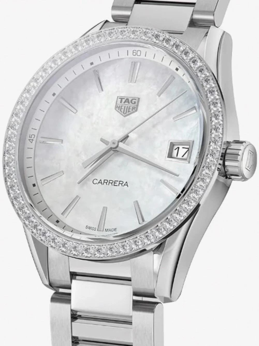 Tag Heuer Silver and White Diamond-Bezel Carrera Watch